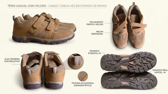 Tênis Casual Masculino Achatado com Velcro - Usado 1x (Etiqueta 43 - Veste 41/42)