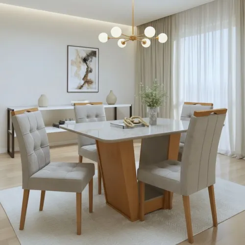 Mesa Apogeu (Tampo Maxi) 120 Amêndoa Clean/Off White com 4 Cadeiras Sophia Veludo