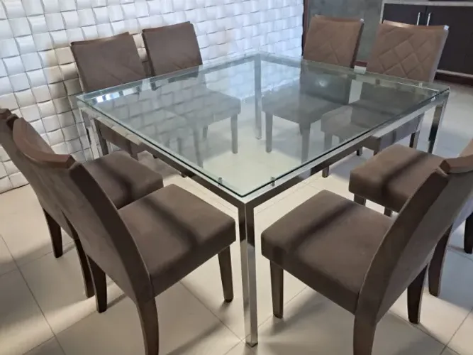 Mesa de Jantar 8 Lugares Inox Vidro + 8 Cadeiras