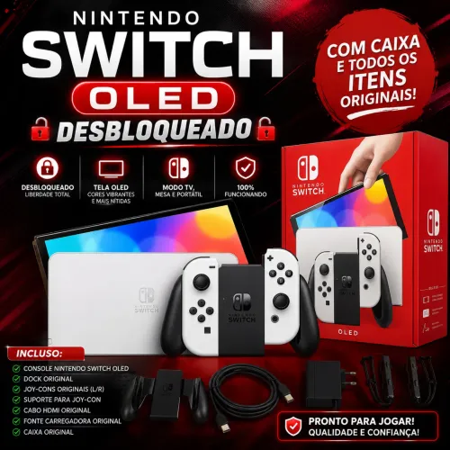Switch OLED Desbloqueado ? + Dock + Joy-Con + Caixa Original