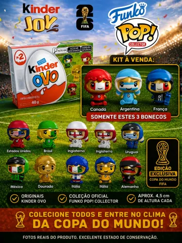 Kit 3 Bonecos Funko Pop Collector Kinder Ovo Copa do Mundo - Argentina, França e Canadá