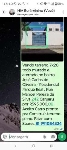 Vendo Terreno/Caruaru. Parque Real. Bairro José Carlos de Oliveira. R- Manoel P. da S.242 