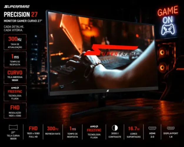 Monitor Gamer SuperFrame Precision 27? Curvo Full HD 300Hz 1ms FreeSync HDMI/DP Preto