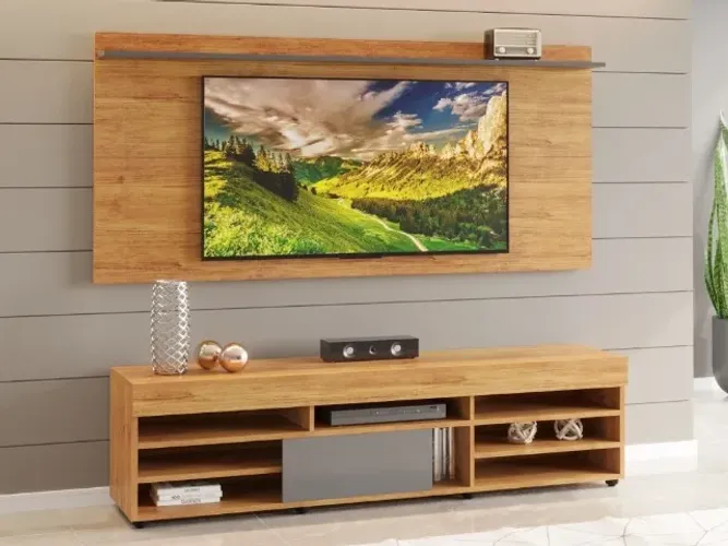 Promoção! Rack Bela c/ Painel Ravena 55? Mel/Preto Até 12x - Frete Grátis