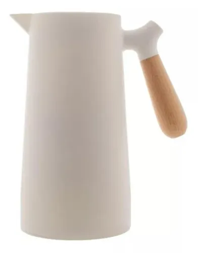 Garrafa térmica branco com alça de madeira