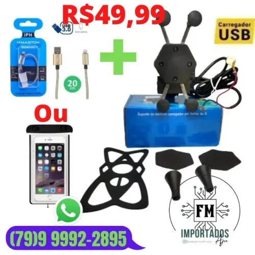 Suporte moto garra X carregador + Capa chuva ou cabo - Novo / Entrega Grátis 8km/ Garantia