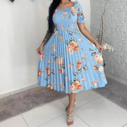 Vestido midi azul floral plissado