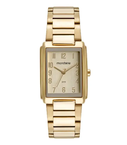 Relógio analógico Mondaine quadrado Feminino dourado aço 30m água