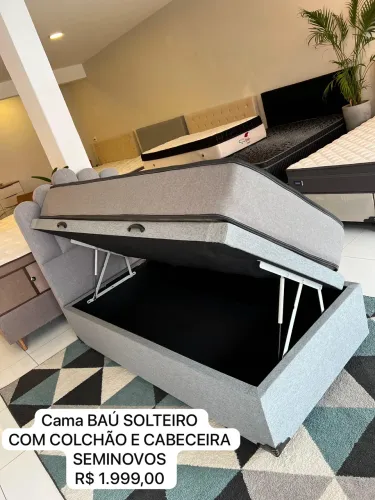 Colchão de Solteiro + BAÚ + CABECEIRA LINHO CINZA 