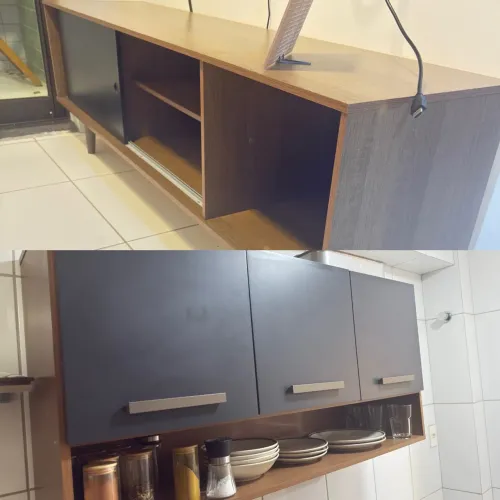 Sofá, guarda roupa, colchão Box casal, armário cozinha, rack e máquina de lavar