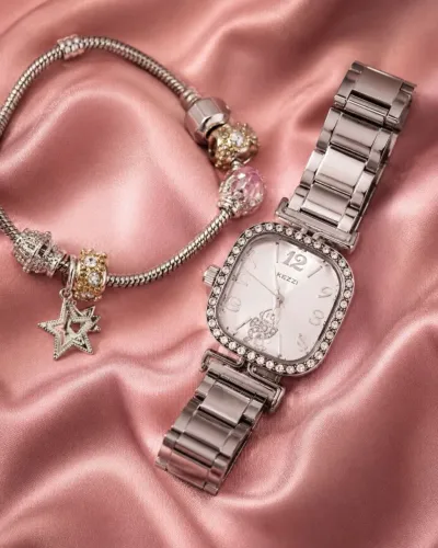 Relógio Feminino Prata de Alto Padrão + Brinde | Pulseira Prateada com Pingentes Prateados