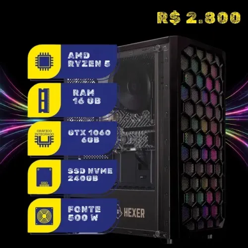 Computador Gamer Ryzer 5 3600 GTX 1080 6GB 240SSD NVME W11PRO