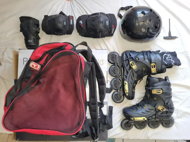 KIT COMPLETO | Patins In Line Oxer Darkness Gold N° 42 + Bolsa Traxart + Proteção Traxart