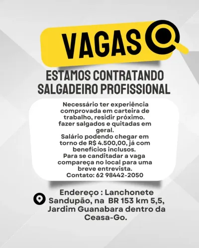 VAGA SALGADEIRO PROFISSIONAL 