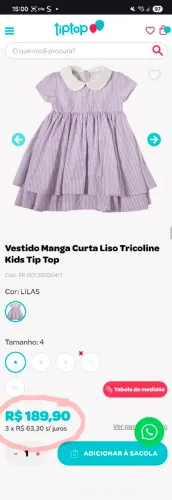 Vestido Manga Curta Liso Tricoline Kids Tip Top