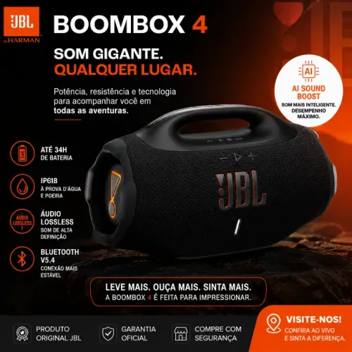 Caixa de Som Bluetooth Boombox 4 JBL, com AI Sound Boost, até 34h de bateria, IP68 e Áudio