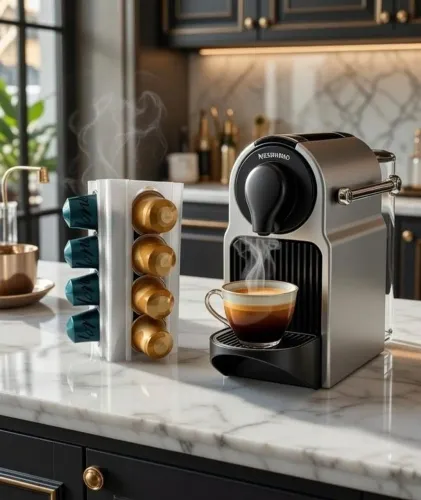 Porta cápsulas de café espresso Nespresso cor marfim.