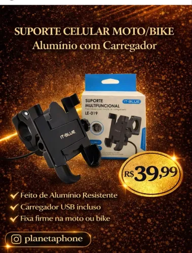 Suporte de alumínio com carregador para moto 