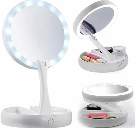 Espelho Portátil Articulado com Iluminação LED - aumenta 10x de um lado - compacto e dobra