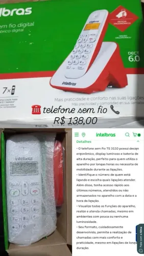 Telefone sem fio digital TS3110 branco e vermelho. Intelbras