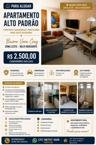APARTAMENTO ALTO PADRÃO PARA ALUGAR - BAIRRO VERA CRUZ | ZONA LESTE - BELO HORIZONTE<br>