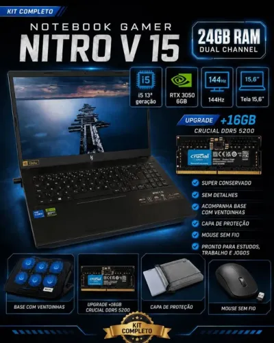 Notebook Gamer Acer Nitro V 15 - i5 13ª Geração | RTX 3050 6GB | 24GB RAM | 144Hz