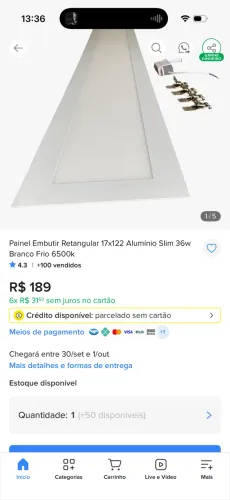Luz painel de embutir retangular alumínio branco 