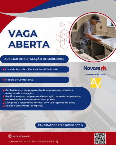 Auxiliar de Instalação de Mármores | Afonso Pena, São José dos Pinhais - PR