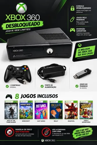? Xbox 360 Desbloqueado + 6 Jogos + Controle e Fonte
