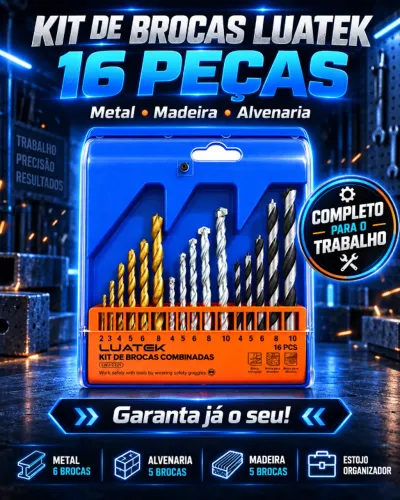 Kit de brocas Luatek - 16 peças para metal, madeira e alvenaria