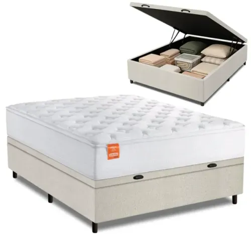 Colchão Casal Espuma D33 + Cama Box Baú cor Bege Lhama