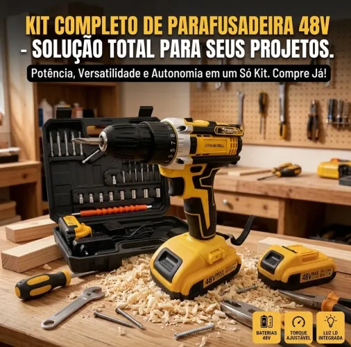 Kit Parafusadeira e Furadeira Sem Fio 48V + 2 Baterias + Maleta Completa com Acessórios