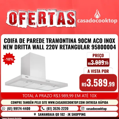 COIFA DE PAREDE TRAMONTINA NEW DRITTA EM AÇO INOX 90 CM 220 V *