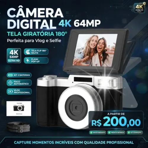 Câmera Digital 4k De 64mp Com Tela Giratória De 180°