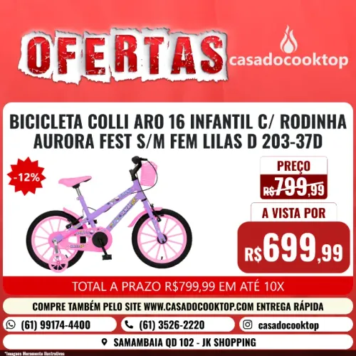 BICICLETA COLLI ARO 16 INFANTIL C/ RODINHA AURORA FEST S/M FEM LILAS D 203-37D