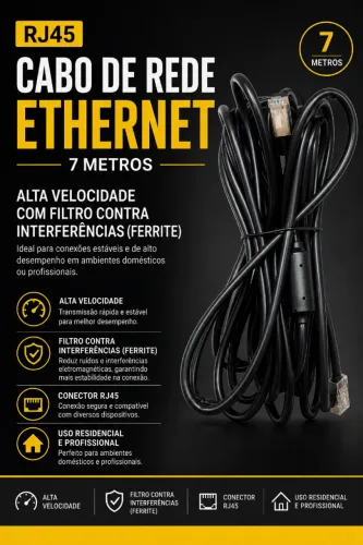 Cabo de rede Ethernet RJ45 (7 metros de comprimento) alta velocidade (preto) c/ filtro