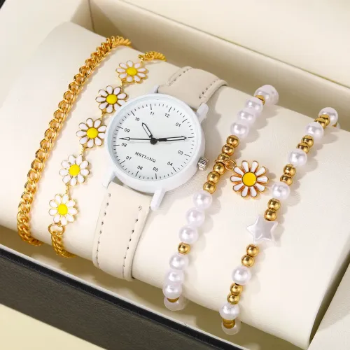 Combo Relógio Feminino Branco + 4 Pulseiras Casual - Beleza e Estilo com Pérolas