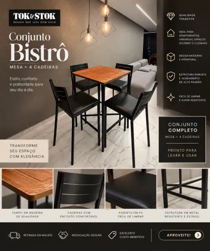 CONJUNTO LUXUOSO BISTRÔ TOK&STOK MESA + 4 CADEIRAS