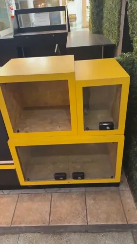 Expositor Comercial Amarelo e Marrom com Prateleiras e Armário