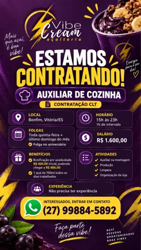 Auxiliar de Cozinha | Até R$800,00 de bonificação