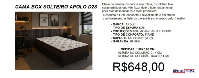 Cama box solteiro com colchão espuma d28 - frete grátis