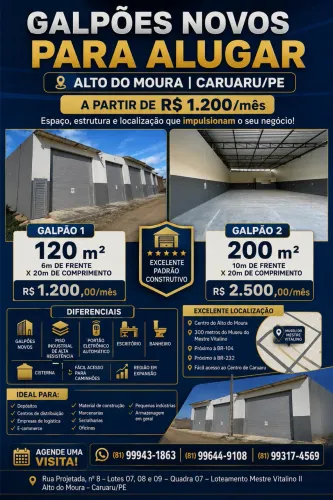 Galpões Novos 120m² e 200m² | Alto do Moura | Caruaru