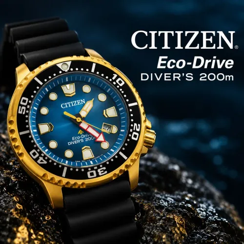 CITZEN ECO-DRIVE 200M BLUE & GOLD, ALIMENTAÇÃO POR LUZ, PULSEIRA PRETA E PULSEIRA VERDE