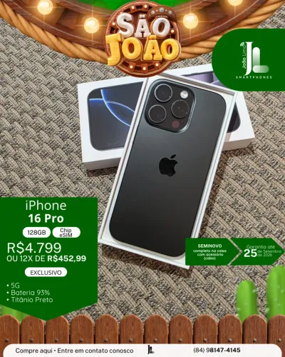 IPHONE 16 PRO, 5G, CHIP ESIM, 128GB, PRETO, SEMINOVO NA GARANTIA,  EXCLUSIVO!
