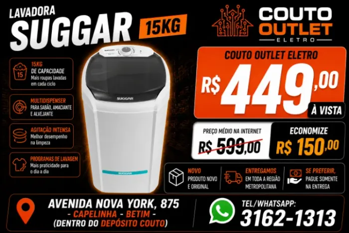 LAVADORA SUGGAR 15 KG - MAIS BARATO QUE NAS GRANDES LOJAS ON-LINE