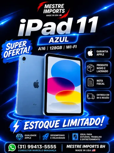 iPad 11 128GB Azul A16 Novo Lacrado Nota Fiscal Garantia Apple