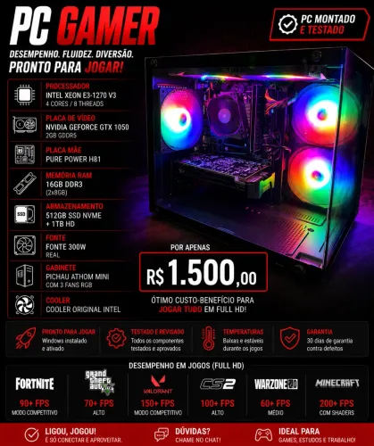 ? PC GAMER | Xeon E3-1270 V3 + GTX 1050 2GB | 16GB RAM | SSD NVMe + HD | Pronto para Jogar