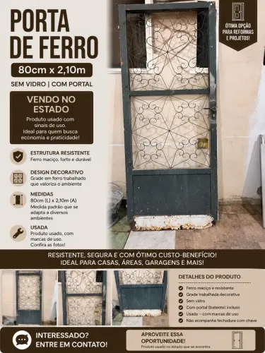 PORTA DE FERRO 80cm x 2,10m SEM VIDRO | COM PORTAL