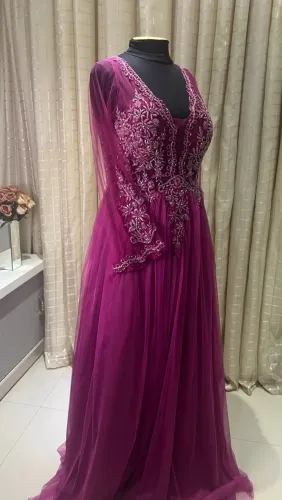 VESTIDO FÚCSIA PEDRARIA, MANGA, FORMATURA, CONVIDADA, MÃE, MADRINHA
