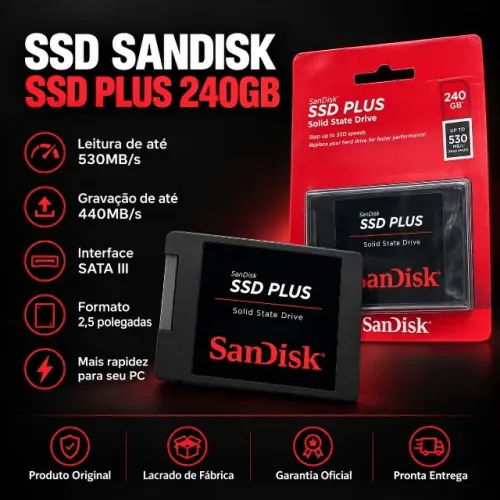 SSD SanDisk 240GB Leitura 530MB/s para PC e Notebook